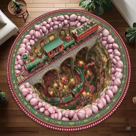 Holiday wonderland train round area rug showcasing a festive railway bridge and winter village motif.