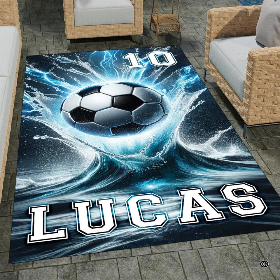 Soccer ball crashing into ocean water waves with blue lightning rectangular area rug.