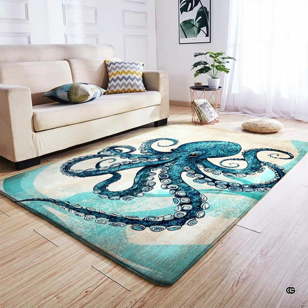 Coastal octopus area rug displayed beside living room couch and side table. - image 7 of 7
