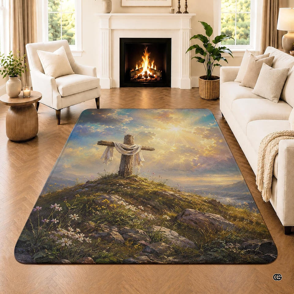 Hillside cross with sunrise beams and wildflowers area rug on a wood floor