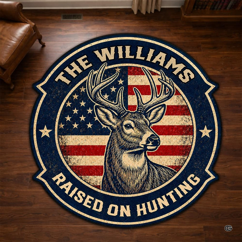 Patriotic whitetail buck american flag medallion area rug in primary perspective