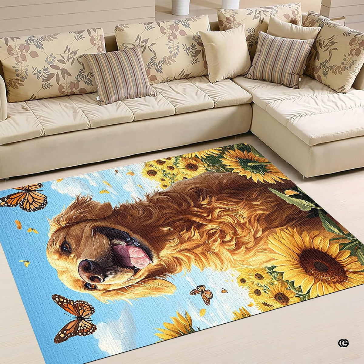 Cozy living room corner with patterned cushions showcasing golden retriever butterfly rug