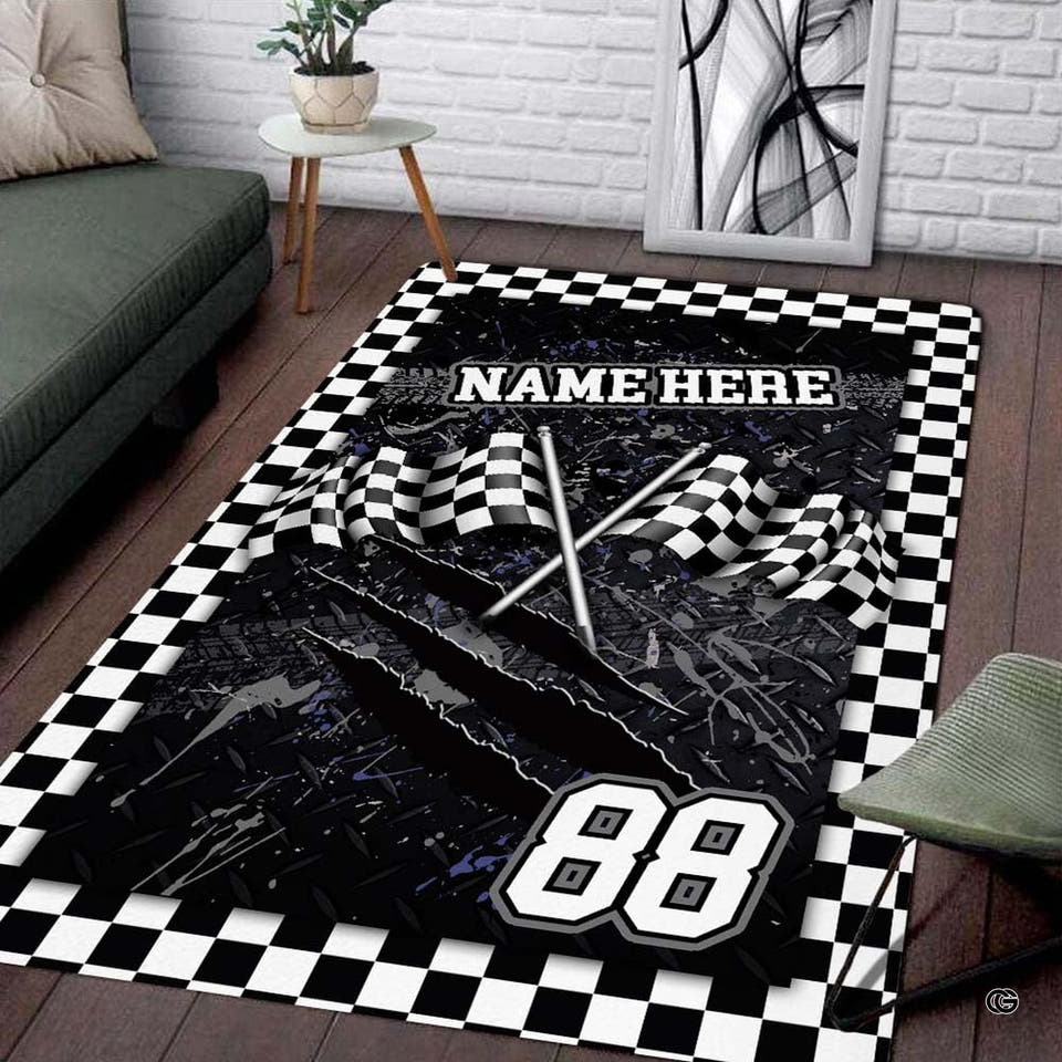 Personalized Checkered Flag Race Track Area Rug, Non-Slip