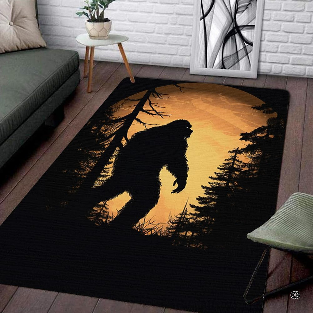 Bigfoot Sasquatch forest sunset living room area rug with silhouette against amber moon - image 1 of 5