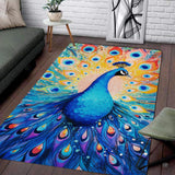 Modern living room sofa setting displaying the majestic peacock wildlife area rug