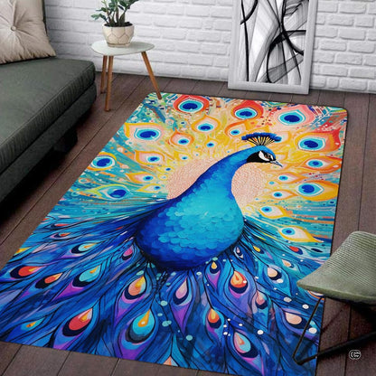 Modern living room sofa setting displaying the majestic peacock wildlife area rug - thumbnail image 1 of 7