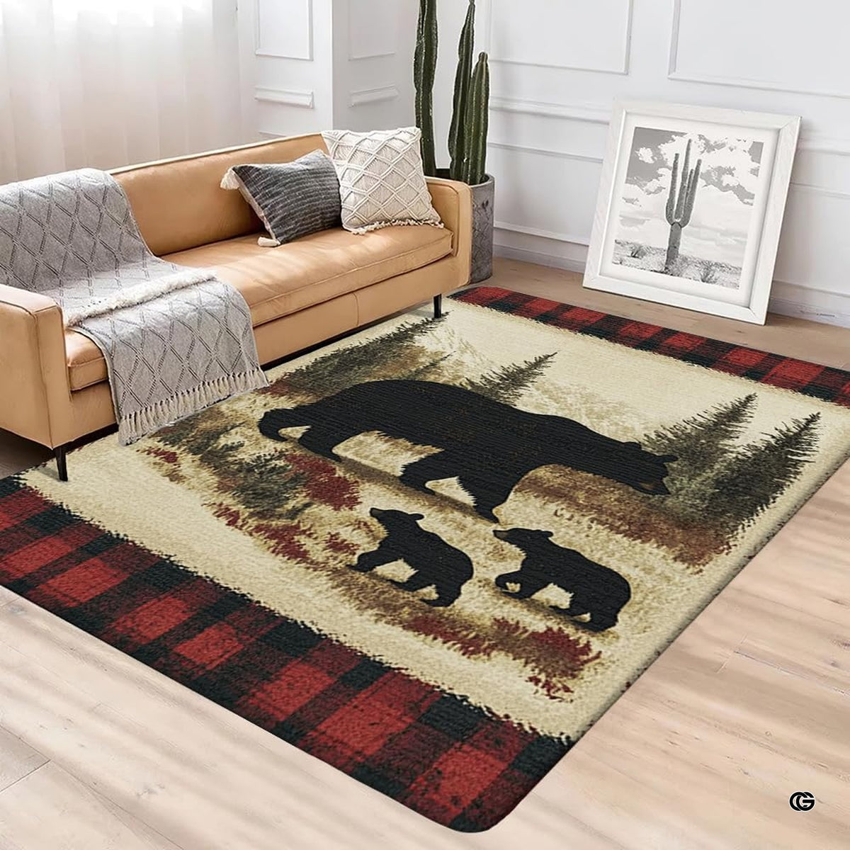 Cabin den layout displaying the rustic bear and cubs rug centered on flooring - image 4 of 5