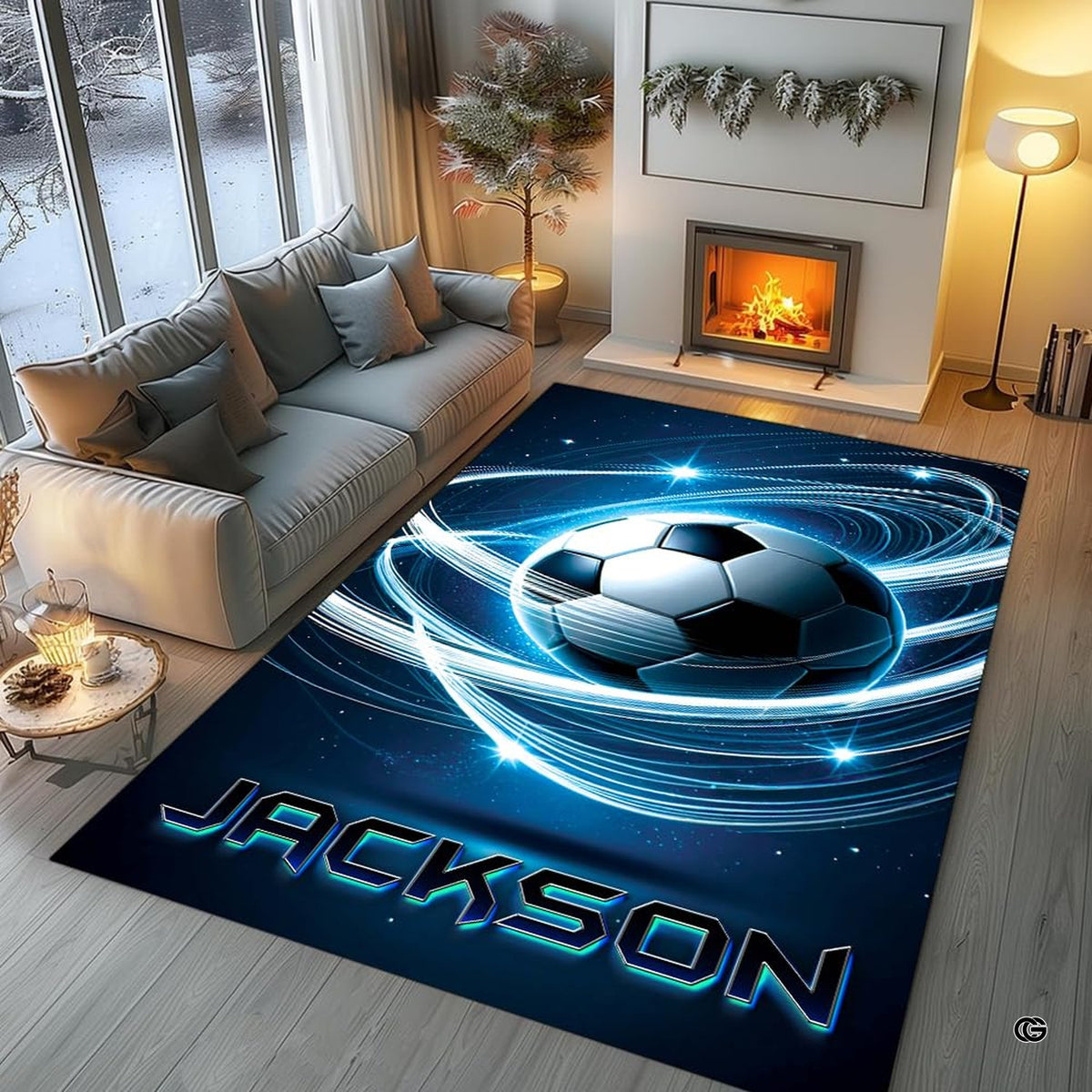 Lifestyle living room scene featuring family lounging on neon soccer area rug.