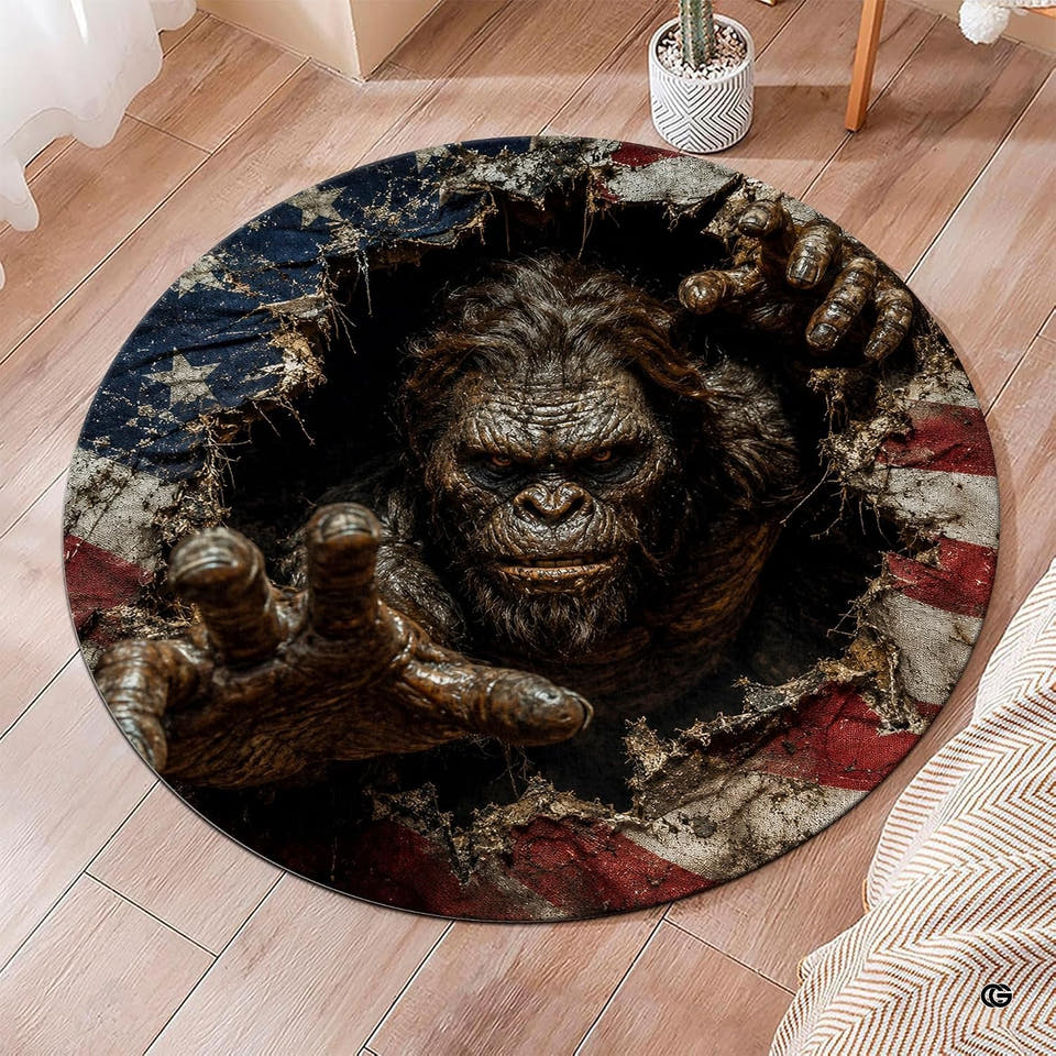 3D Bigfoot Sasquatch Torn American Flag Circular Area Rug