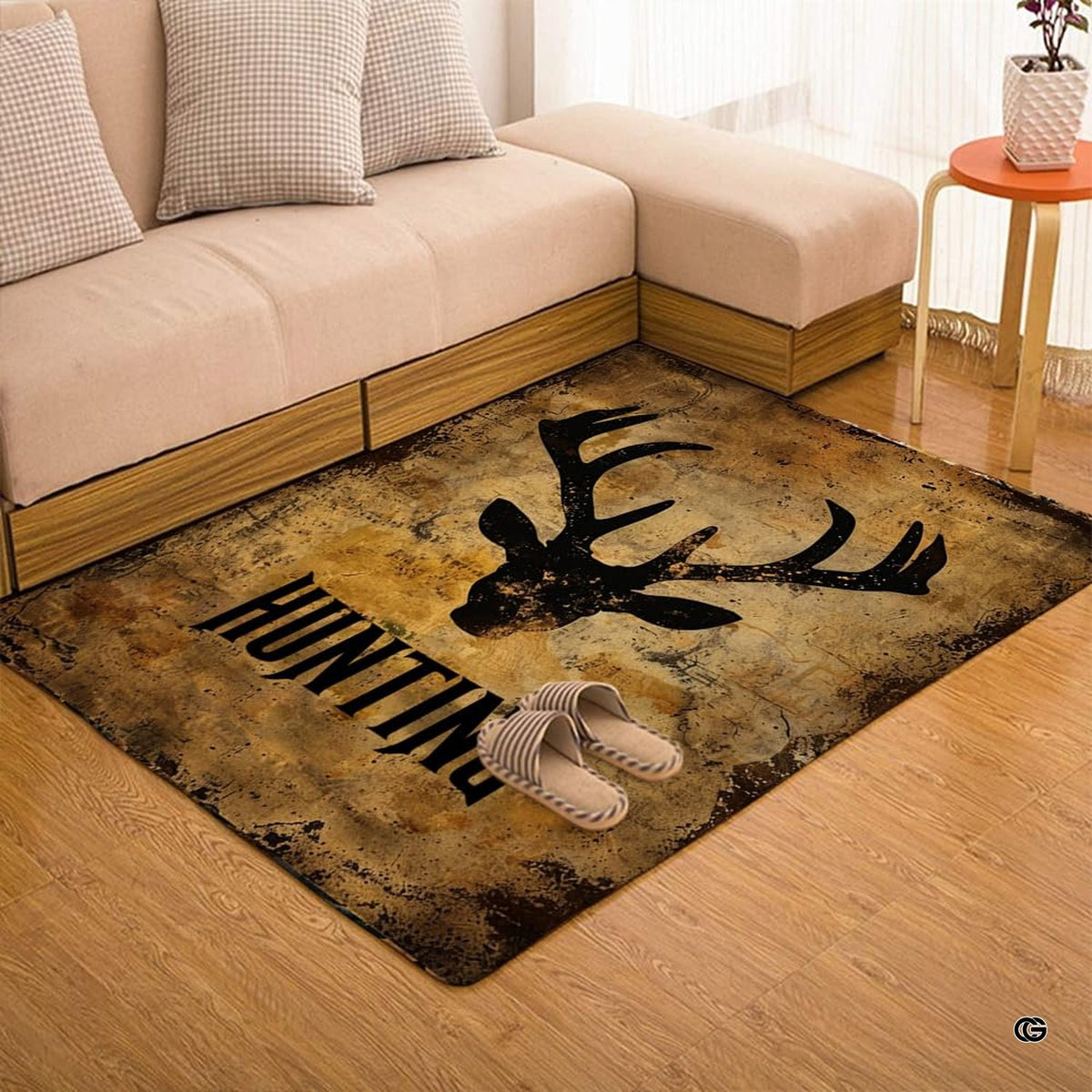 Full floor perspective of the distressed blue area rug alternative featuring an antlered buck. - image 7 of 7