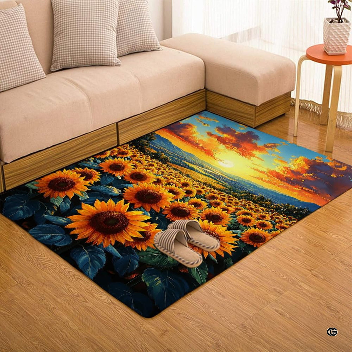 Overhead flat view of rectangular sunset sunflower meadow area rug