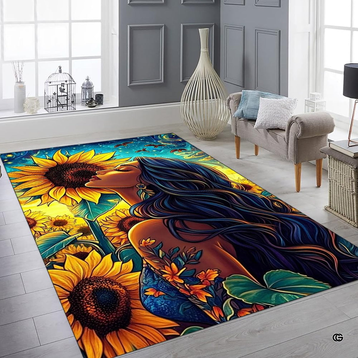 Eclectic interior setup featuring an illustrated sunflower maiden rug beside wooden furniture. - image 6 of 8