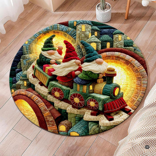 Round Christmas train rug with three gnomes, gifts, glowing tunnels, and stone towers