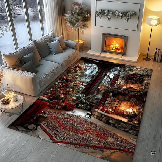 Christmas hearth stone fireplace tree rectangular area rug in top overhead perspective