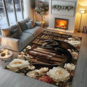 Gothic black dragon resting on antique leather books surrounded by white peony flowers in a library area rug. - thumbnail image 5 of 8