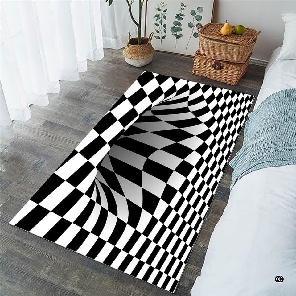 Bedroom setting displaying a rectangular 3D checkerboard optical illusion rug placed on dark hardwood flooring.