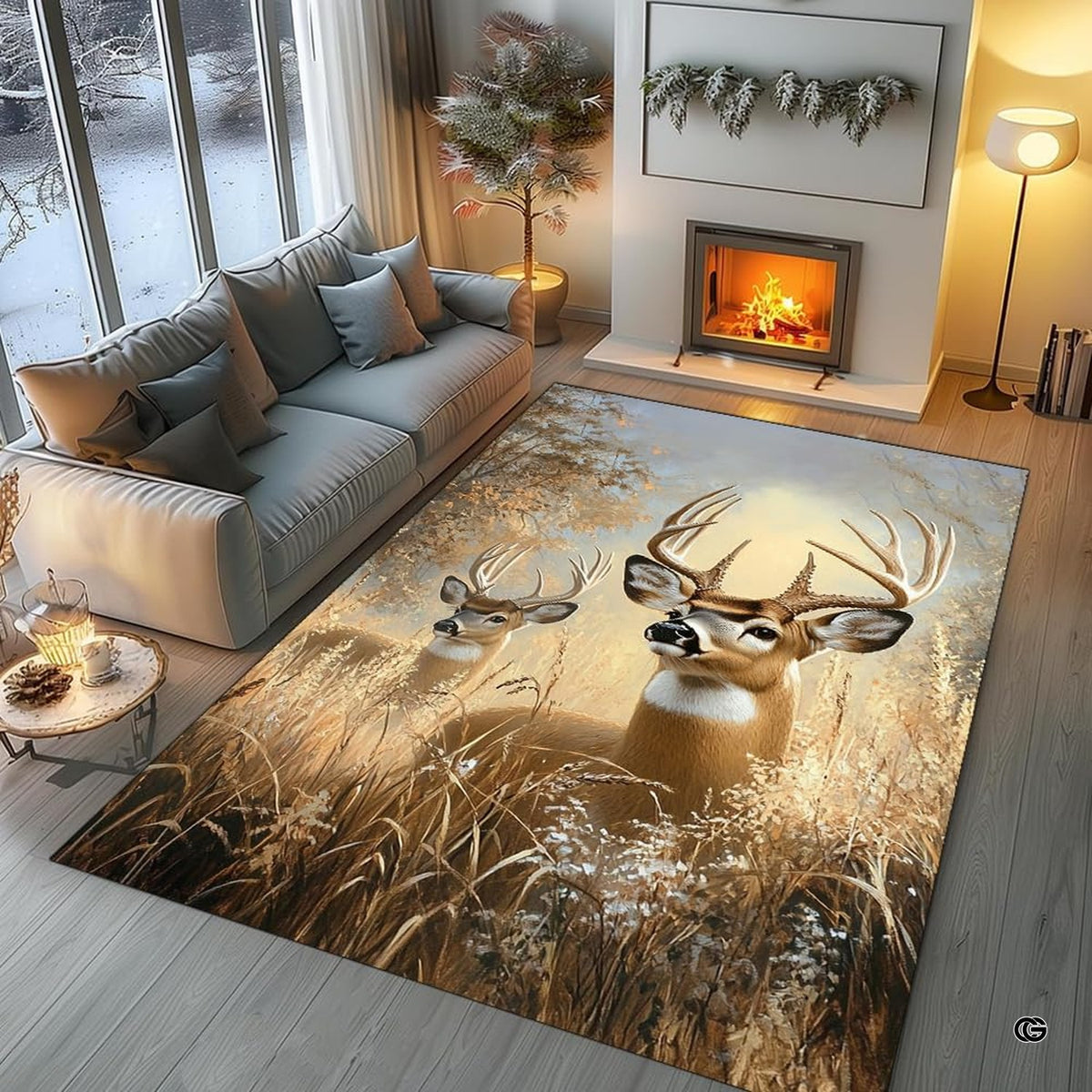 Lifestyle living room scene featuring family lounging on deer meadow area rug.