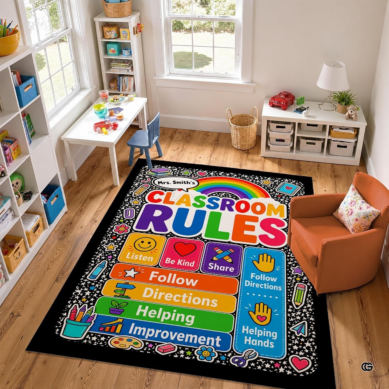 Personalized Teachers Classroom Rug, Custom Teacher Name Classroom Rules Area Rug, Feeling Chart Calming Corner Mat, Kindergarten Educational Back to School Class Decor (D7)