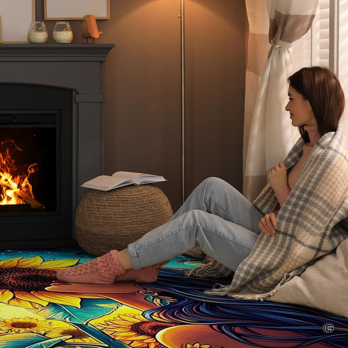 Boho floral curtains for living room aesthetic paired with a celestial sunflower art rug. - image 8 of 8