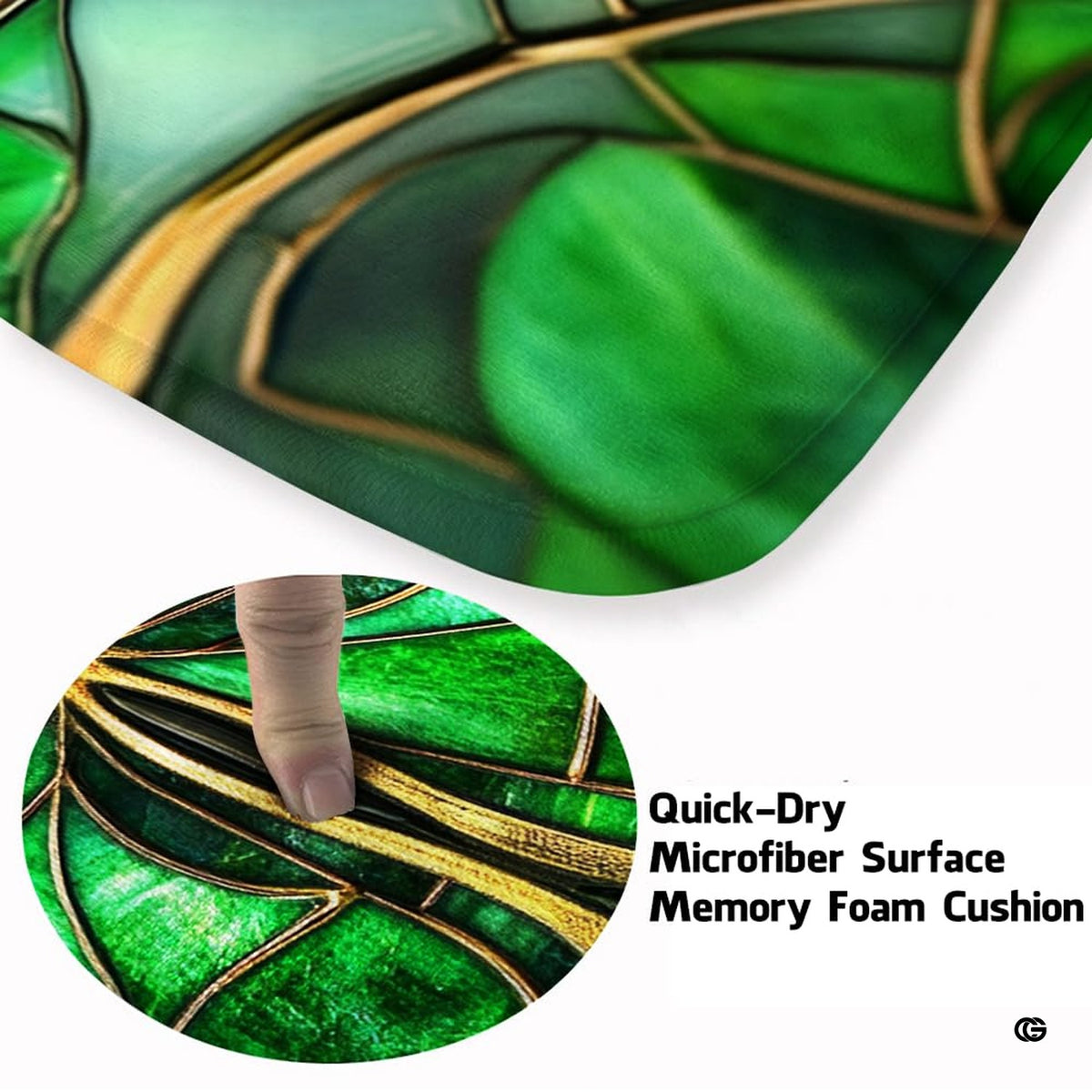 Close-up detail of ornate metallic gold leading on stained glass four-leaf clover design rug.