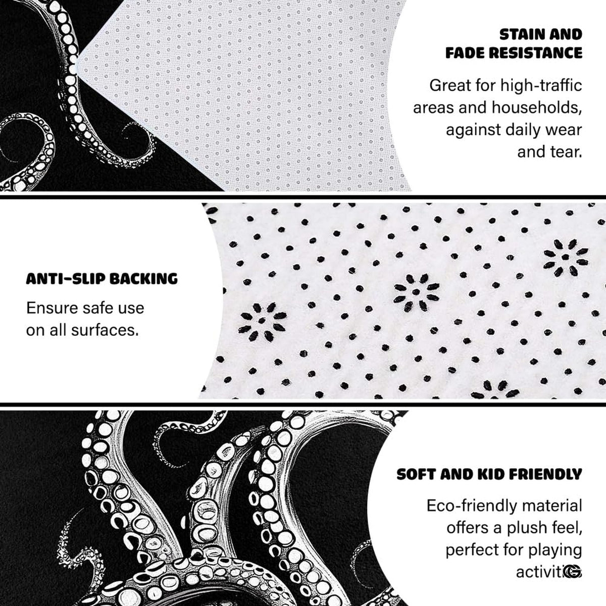 Dimension chart displaying size options for monochrome octopus area rug. - image 2 of 7