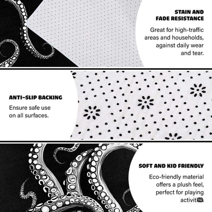 Dimension chart displaying size options for monochrome octopus area rug. - thumbnail image 2 of 7