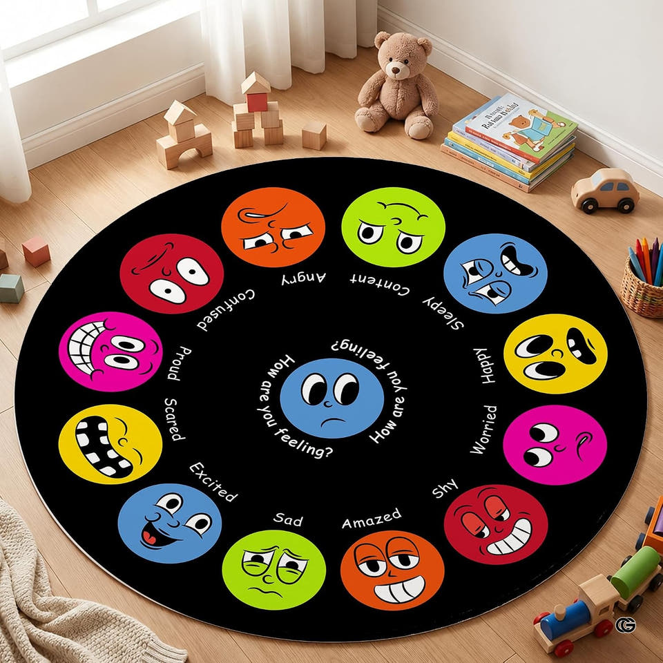 Emotional faces wheel educational kids circular area rug in primary perspective