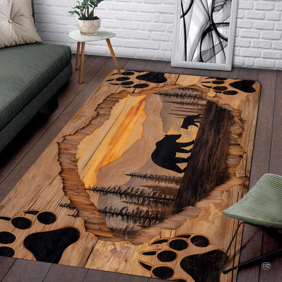 Rustic wilderness area rug featuring bear silhouettes and faux carved wood grain on wood floor