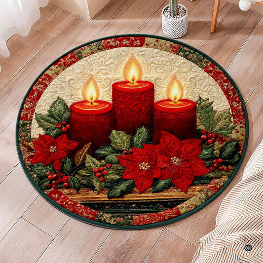 Round rug with three red candles, poinsettias, holly leaves, and berries