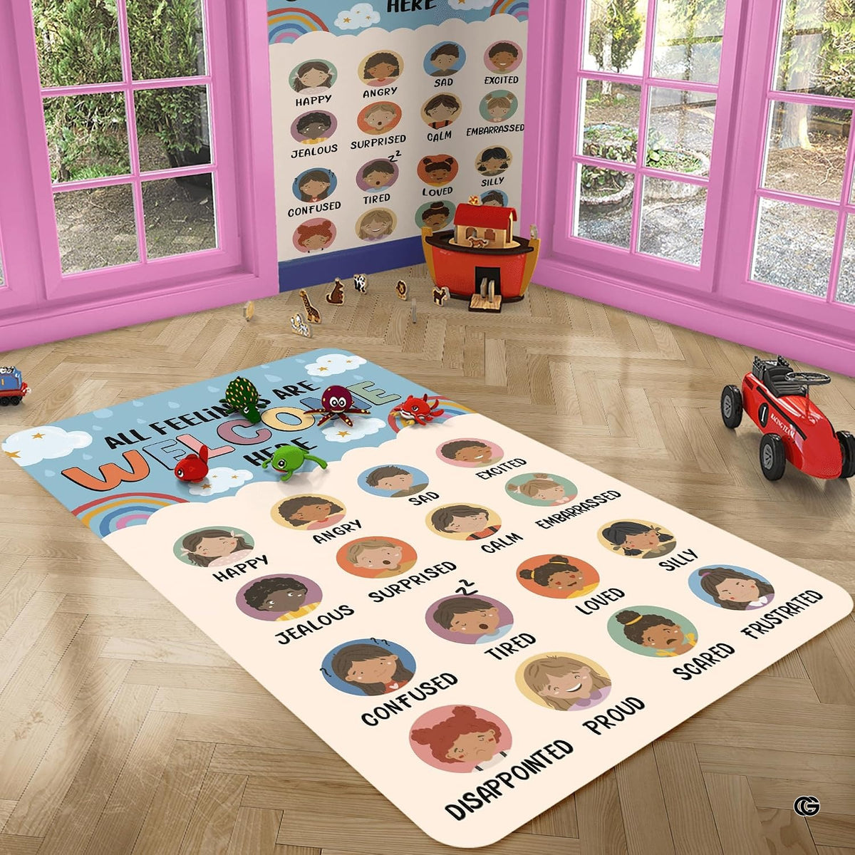 decorative accent and emotions chart area rug showing circular portrait vignettes in pastel classroom setting.