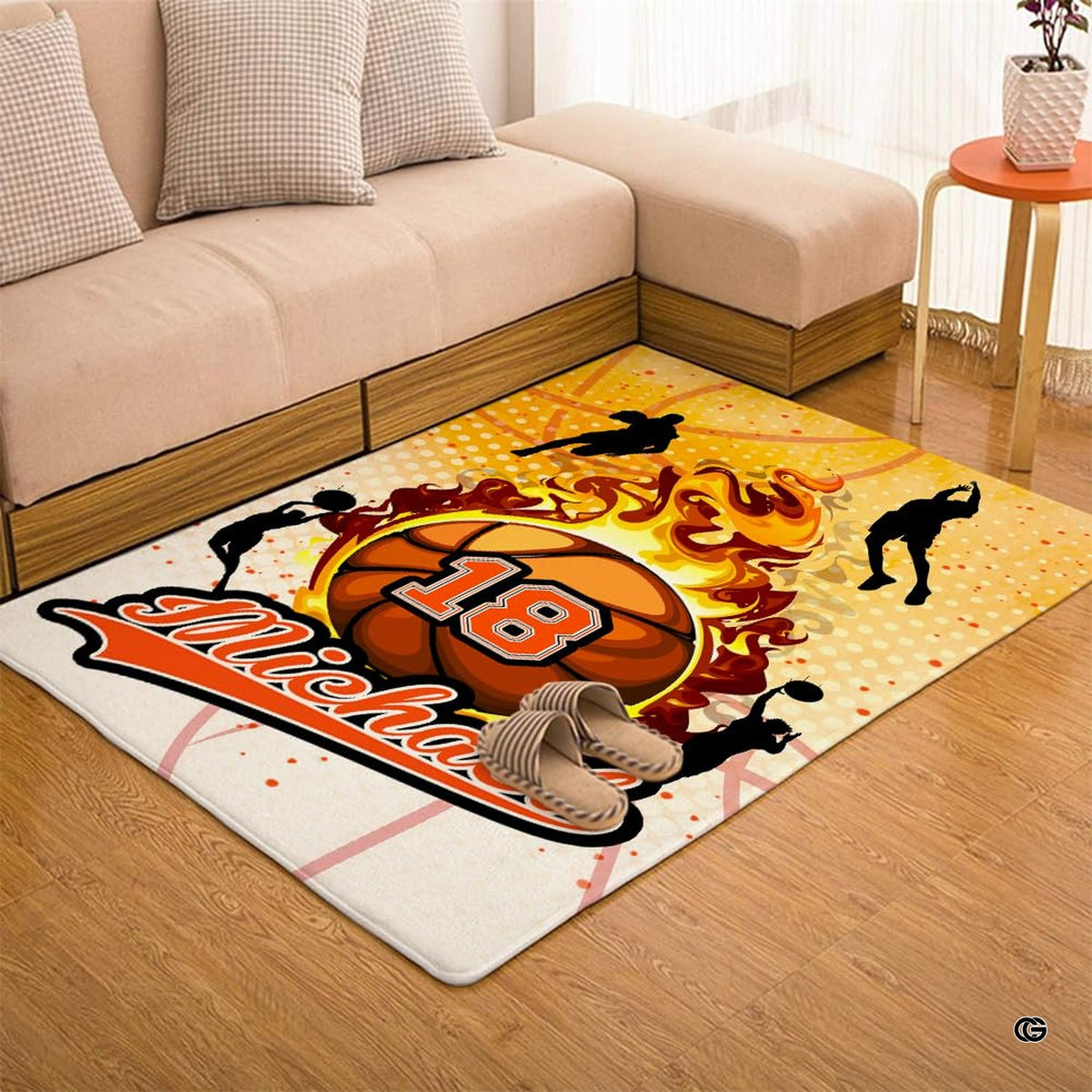 Flaming basketball area rug placed alongside contemporary living room furniture.
