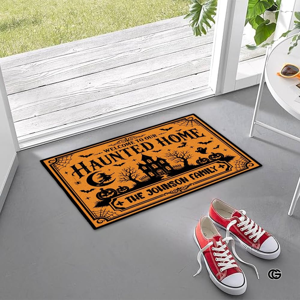Halloween Door Mat Outdoor, Custom Spooky Welcome Mat with Black Cat and Pumpkin, Fall Front Door Mat for Porch Entryway Decor #1