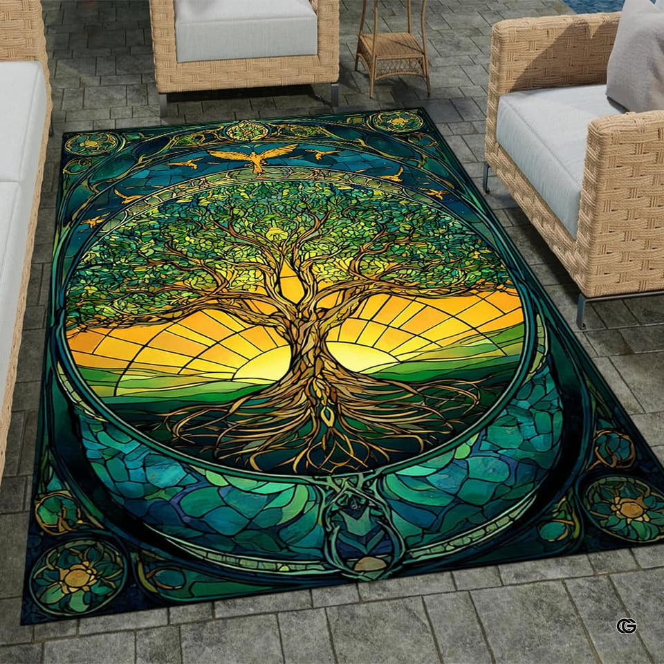 Patio stone lounge with wicker seating displaying the stained glass Tree of Life area rug