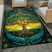 Patio stone lounge with wicker seating displaying the stained glass Tree of Life area rug - thumbnail image 1 of 8