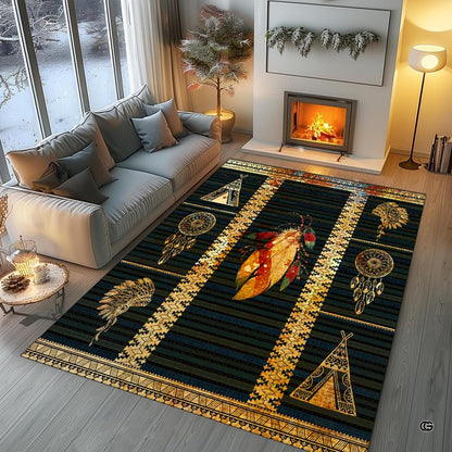 Rustic den styled with southwestern geometric floor decor and native american area rugs. - thumbnail image 7 of 7