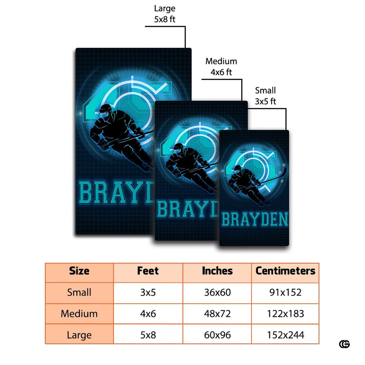 Dimensions and sizing chart for cyber neon ice hockey player living room area rug - image 2 of 7