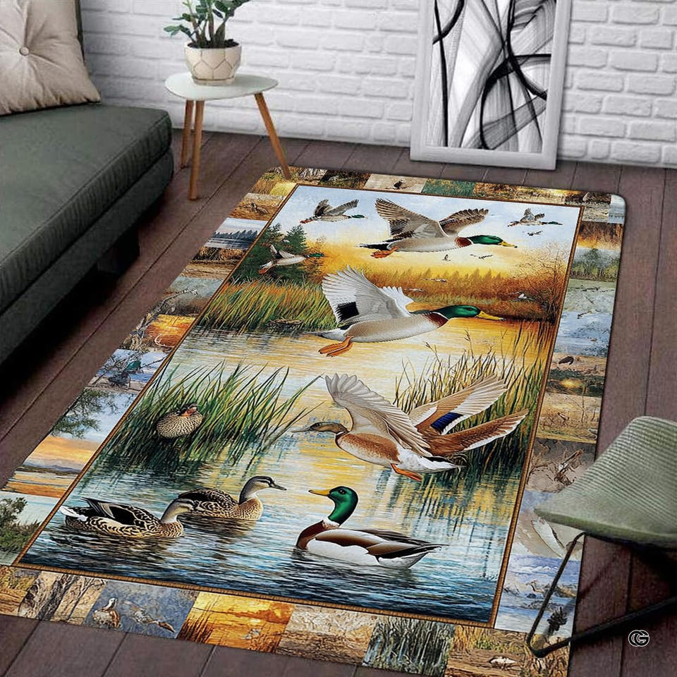 Mallard duck area rug displaying waterfowl over sunset marsh in rustic cabin setting