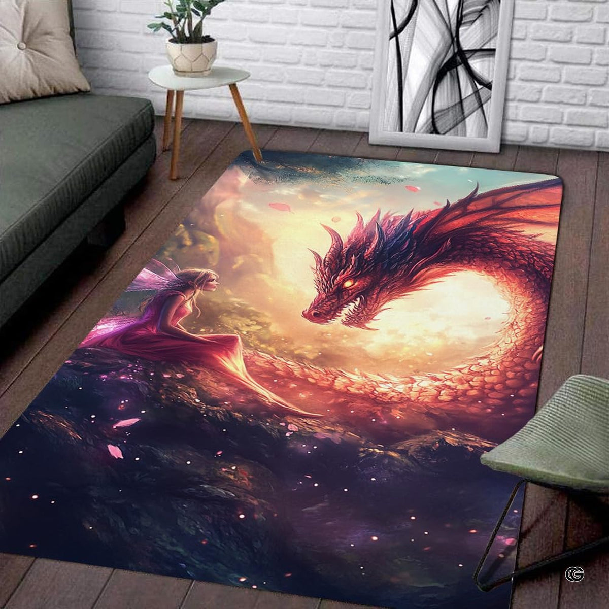 Living room seating setup featuring the fairy maiden and fire dragon sunset fantasy area rug - image 1 of 7