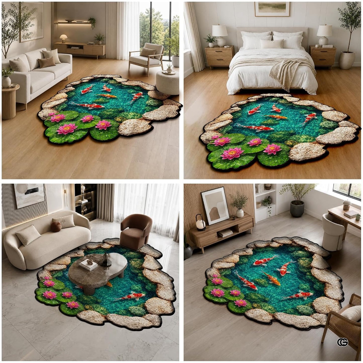 Custom Japanese Koi Fish Shaped Area Rug, Personalized 3D Optical Illusion Koi Pond Lotus Non Slip Washable Shaped Floor Mat, Fish Pond Rugs for Bedroom Living Room Decor (1, D3)