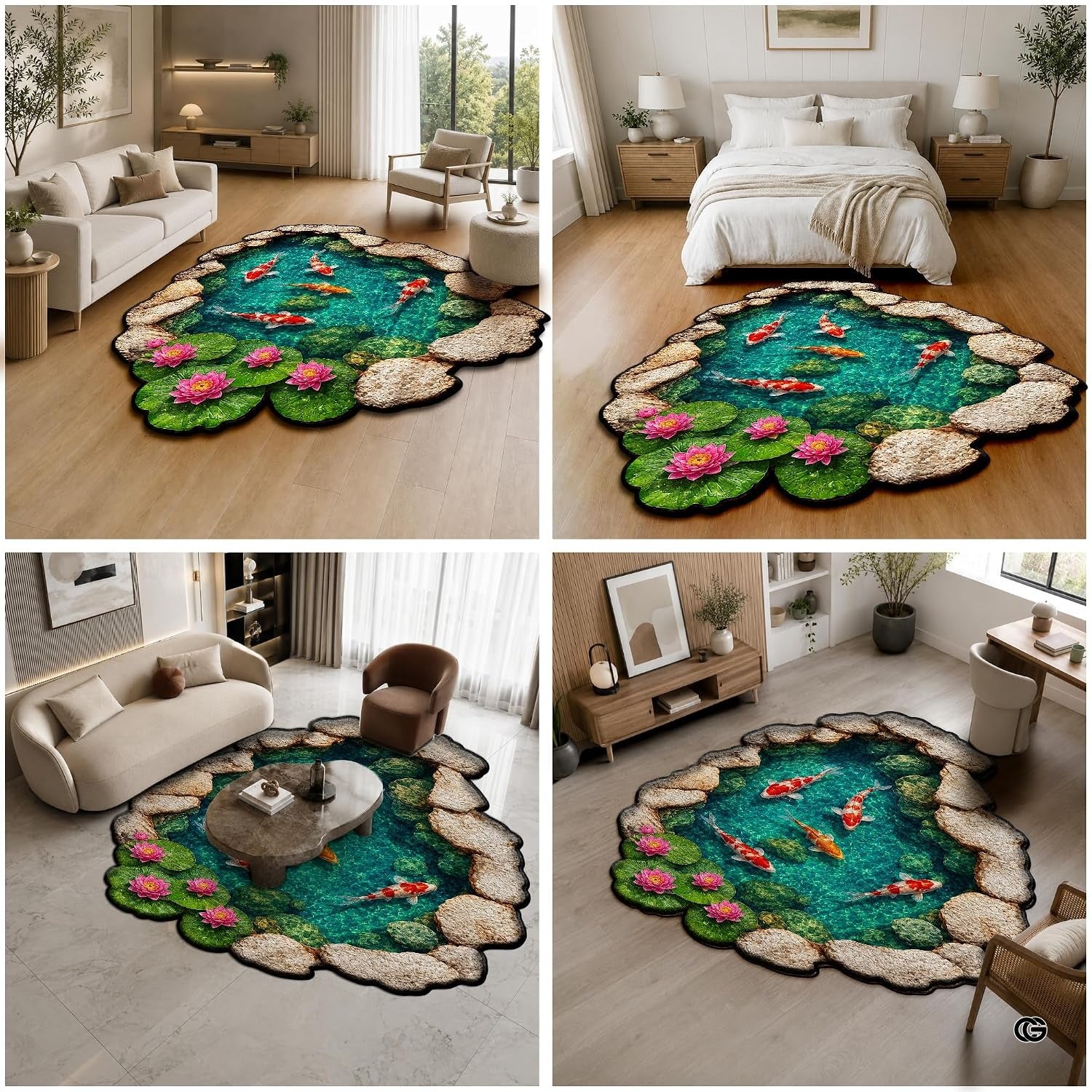 Custom Japanese Koi Fish Shaped Area Rug, Personalized 3D Optical Illusion Koi Pond Lotus Non Slip Washable Shaped Floor Mat, Fish Pond Rugs for Bedroom Living Room Decor (1, D3)