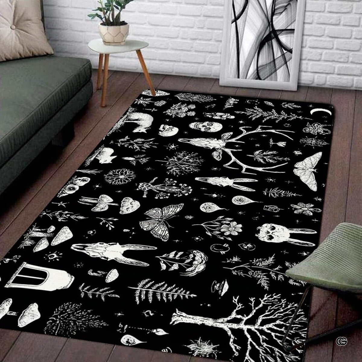 Modern living room floor staging showing the full flat perspective of the dark cottagecore skull rug - image 2 of 8
