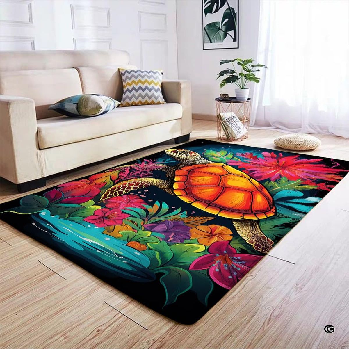 Sea turtle floral area rug laid out beneath a wooden coffee table in a modern living room.