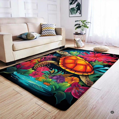 Sea turtle floral area rug laid out beneath a wooden coffee table in a modern living room. - thumbnail image 4 of 7