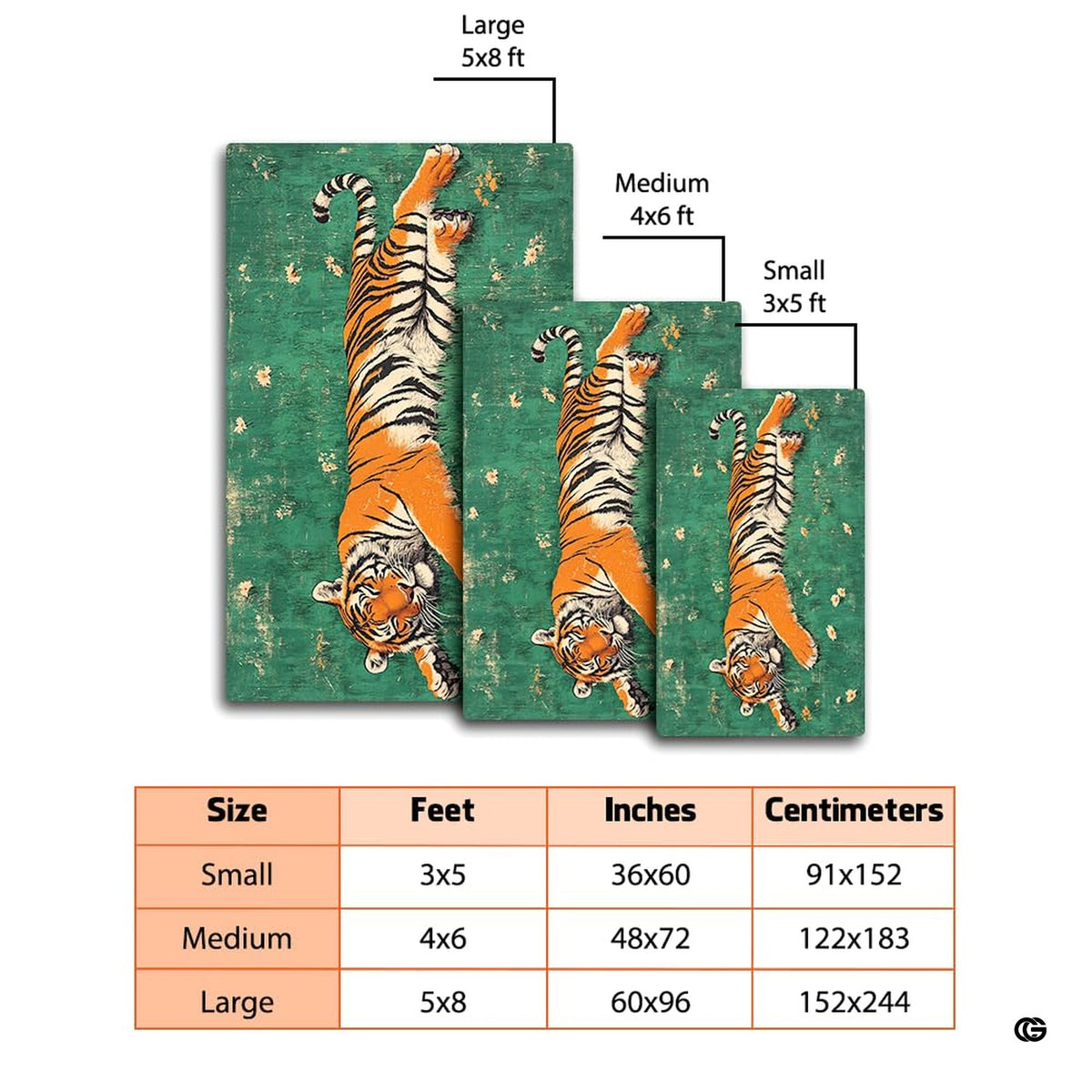 Non-slip grip backing and bound edge stitching on resting tiger meadow area rug