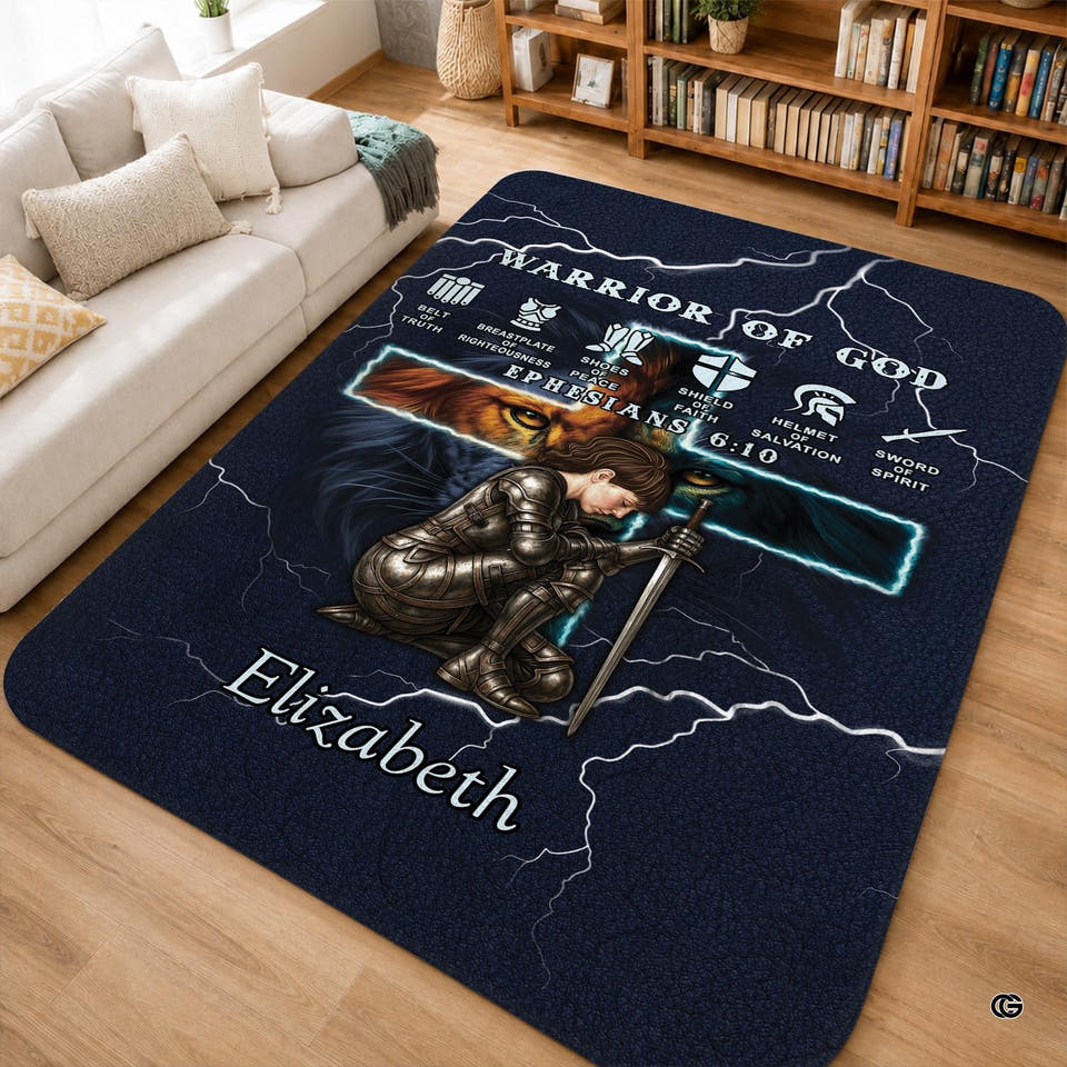 Devotional area rug with kneeling knight and lion artwork on hardwood floor