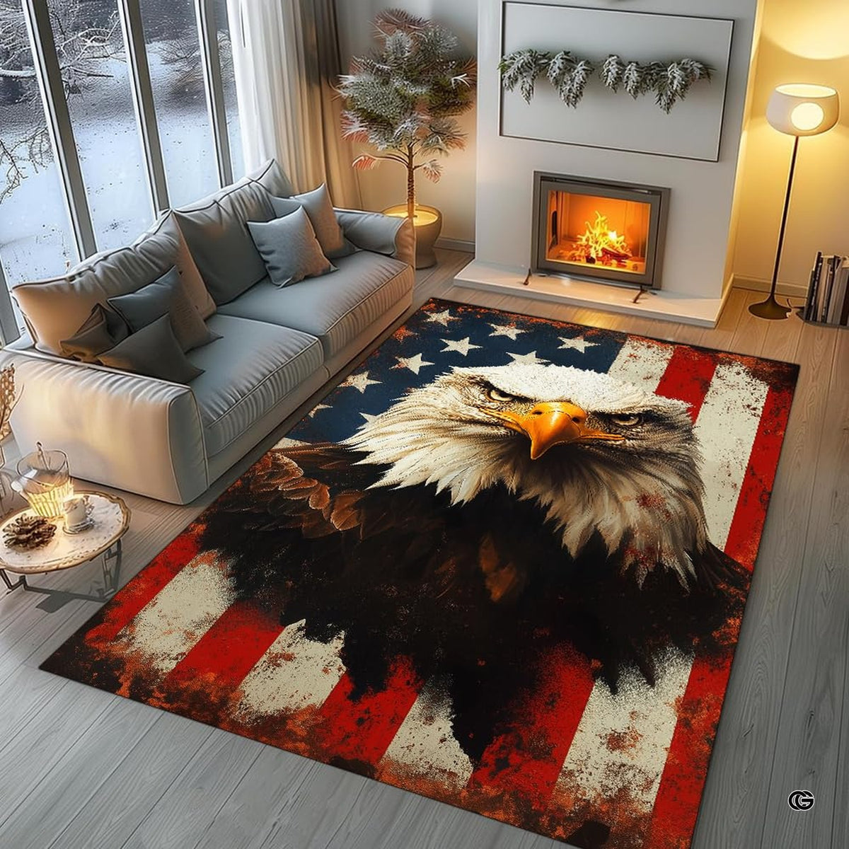 Patriotic bald eagle flag area rug styled in modern patio seating setup - image 5 of 7