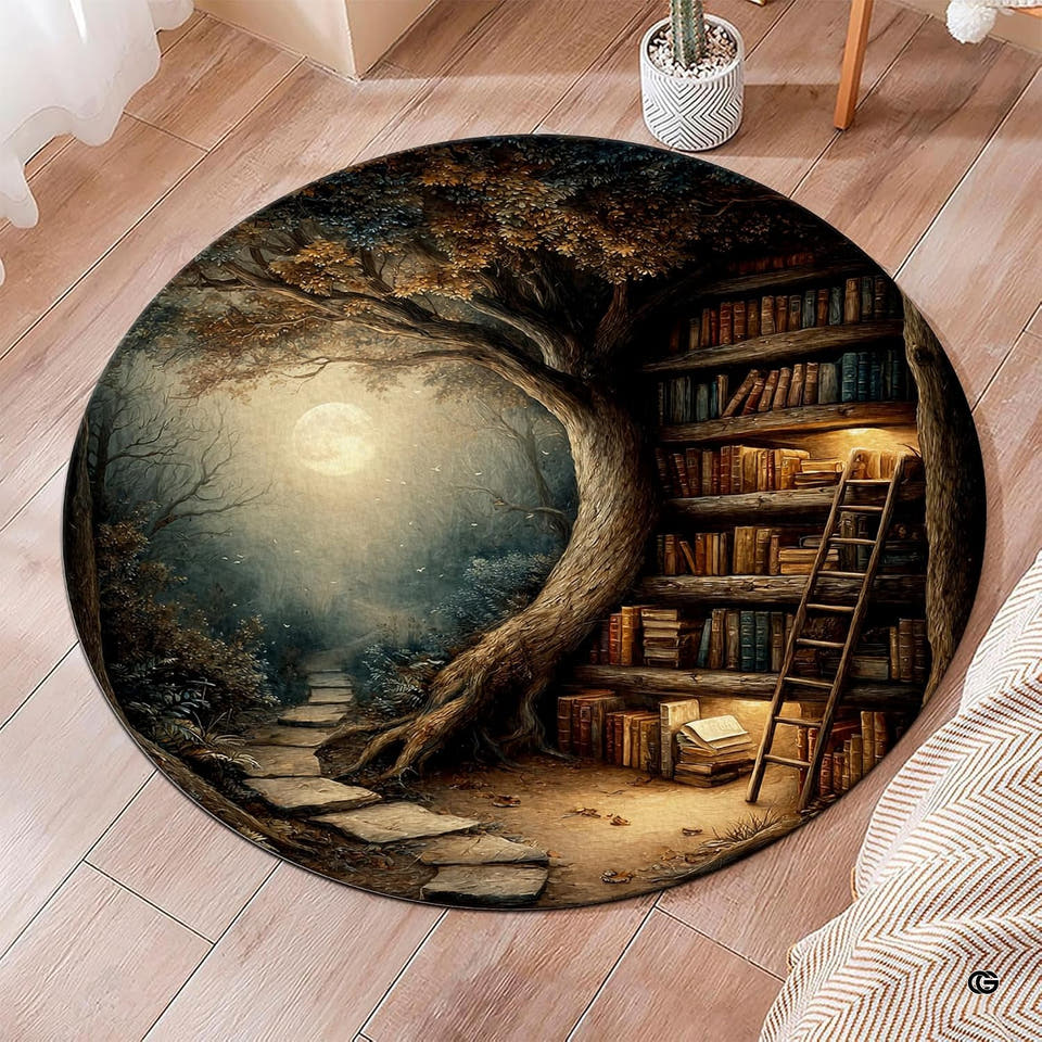Round area rug with an enchanted tree library and moonlit forest on wood floor