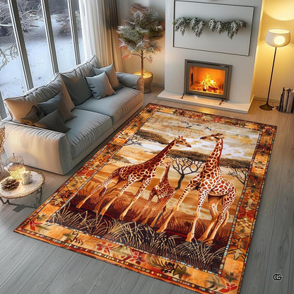 Fireside lounge setting with a person relaxing on the safari giraffe family rug - thumbnail image 5 of 7