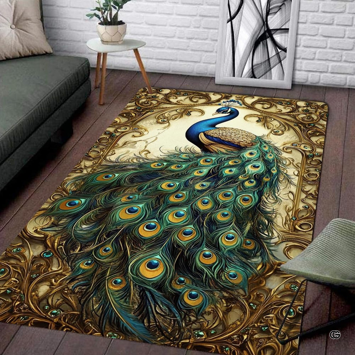 Living room setting featuring a gilded baroque gold peacock wildlife area rug - image 1 of 8