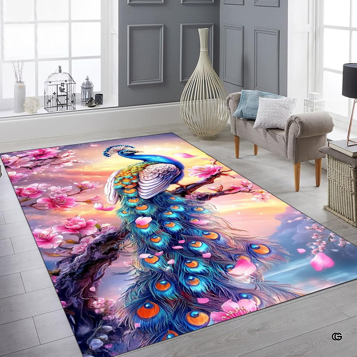 Bedroom layout showing the vibrant cherry blossom peacock rug near wooden furnishings